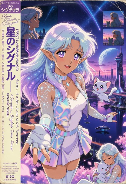 Square retro Japanese anime single/album cover for “星のシグナル — HOSHI NO SIGNAL” by ASTRA, designed like a premium late-…