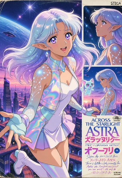 Square album/single cover for “ACROSS THE STARLIGHT” by ASTRA, illustrated like a premium late-1980s/early-1990s Japa…
