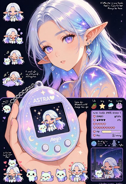 Detailed retro pixel-art promotional concept sheet for “TAMAKACHI ASTRA”, a fictional handheld virtual-pet game starr…