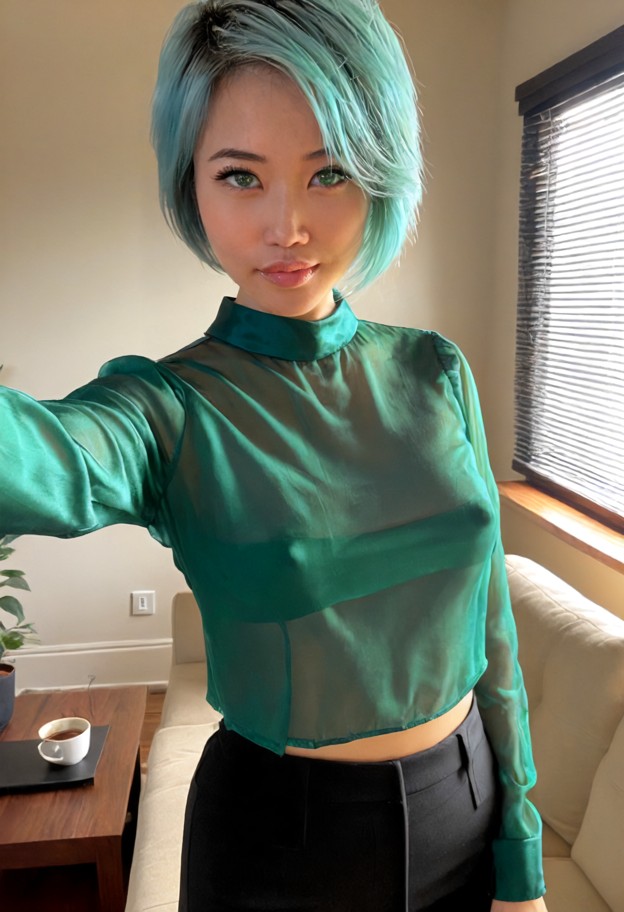 she is standing by the window,silk blouse,black trousers,living room,coffee table,window with blinds,selfie closeup,w…