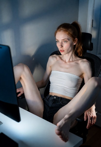 Location: midday in a dimly lit bedroom with the cool, blueish glow of a computer monitor illuminating the desk and c…