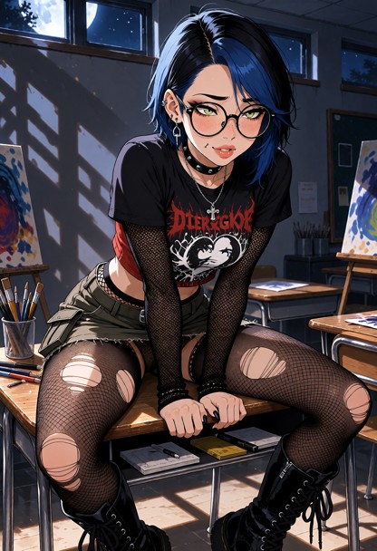 Location: dim art classroom at night with shadows stretching across the back wall and faint moonlight filtering throu…