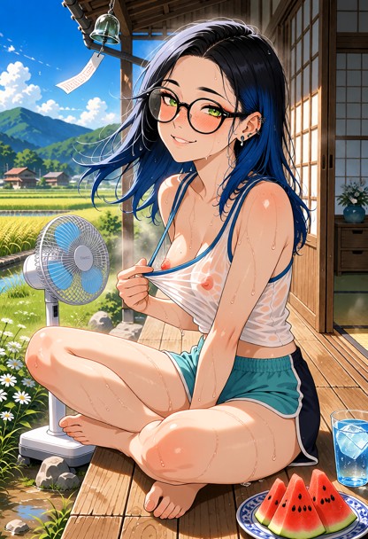 1girl, solo, anime style, extremely hot japanese countryside summer, sitting on a wooden engawa of a traditional japa…