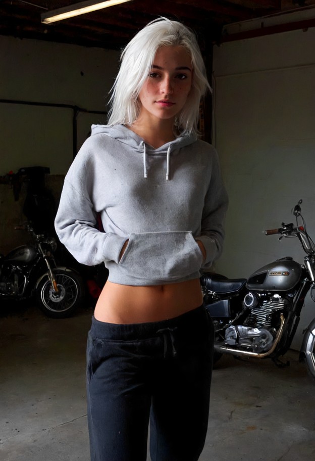 she is is leaning in close in a garage,oversized grey cotton hoodie,baggy black sweatpants,dimly lit garage,concrete …