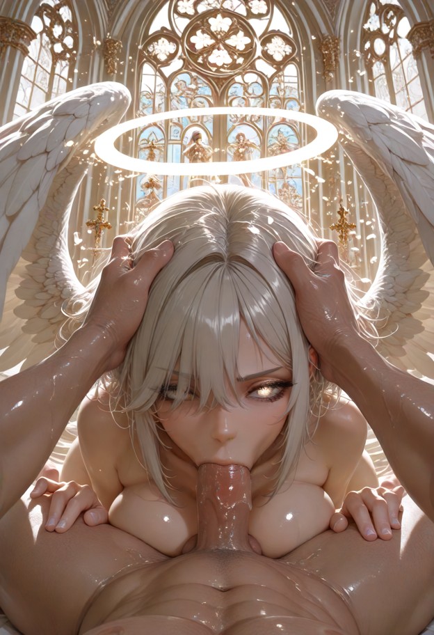 1girl,1guy,penis,deepthroat,face grabbing,hands on head,mouth full,pov,naked,fully naked,neutral expression,relaxed f…