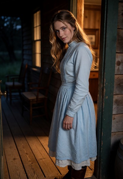 Location: night on the porch of a rustic ranch house, where warm amber light spills from the open doorway onto the da…