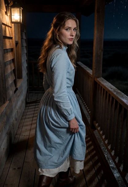 Location: night on a wooden porch overlooking a dark, vast landscape, where the dim amber light from a nearby lantern…