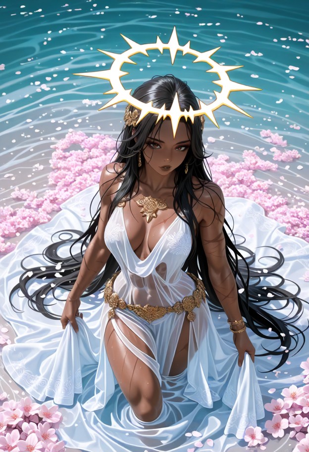 1girl,brown skinned,solo,woman,gracefully floating in crystal clear water,serene expression,closed eyes,long flowing …