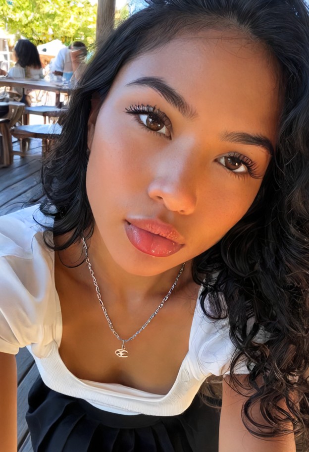 she is biting lower lip,white silk blouse,black skirt,outdoor cafe,wooden tables,metal chairs,sunlight,selfie closeup…