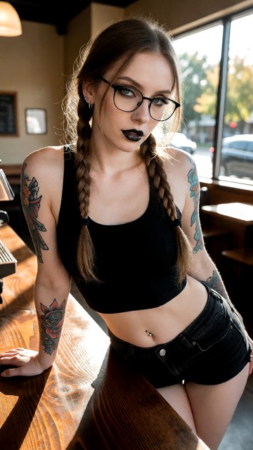 Location: quiet empty coffee shop during the day with warm sunlight filtering through the front windows and soft shad…