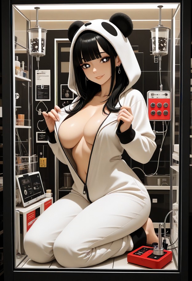 1girl,black hair,blunt bangs,athletic,medium breasts,panda onesie,zipper,claw machine,inside display cabinet,stuffed …