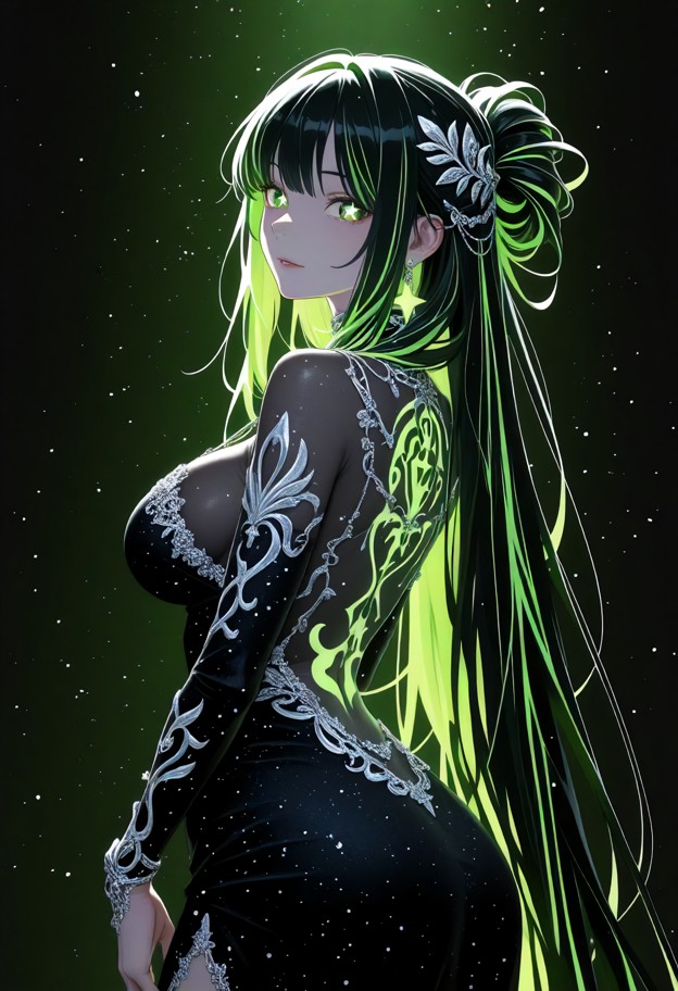 asu tilts her head and steps closer,elegant dark silk gown,silver embroidery,lace trim,mysterious tear in reality,glo…