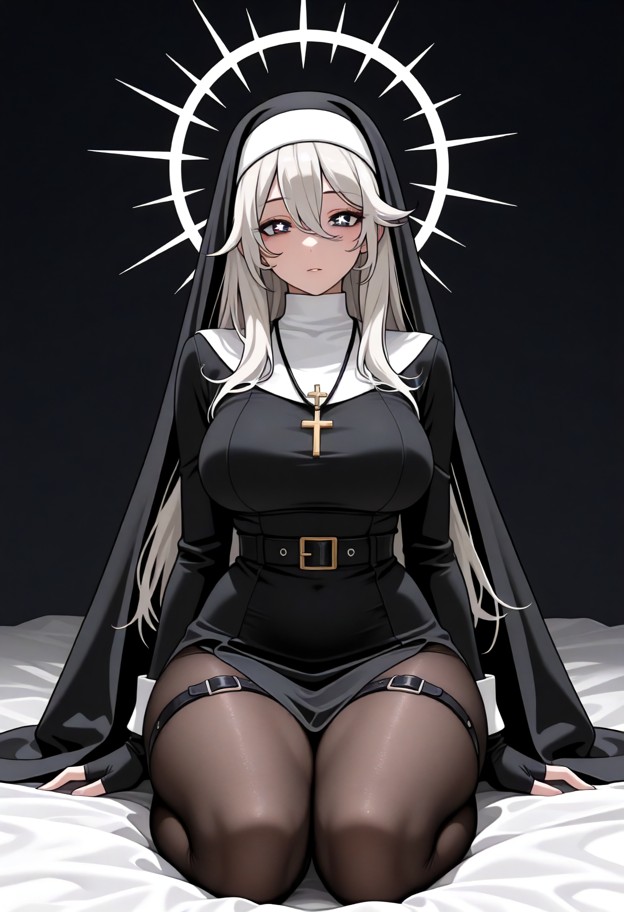 1girl,solo,nun,habit,halo,black dress,long sleeves,long hair,sitting,hair between eyes,thighhighs,thigh strap,dress,g…