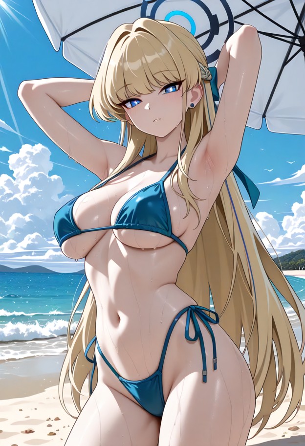 toki (blue archive),posing on the beach with arms behind head,blue string bikini,highleg bikini,side-tie bikini botto…