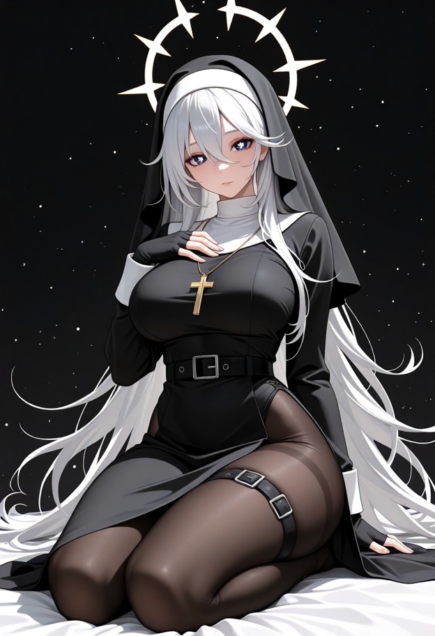 1girl,solo,nun,habit,halo,black dress,long sleeves,long hair,sitting,hair between eyes,thighhighs,thigh strap,dress,g…