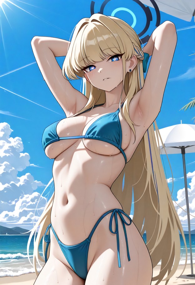 toki (blue archive),posing on the beach with arms behind head,blue string bikini,highleg bikini,side-tie bikini botto…