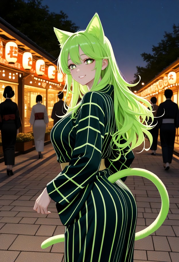 asu walking in a park at dusk,solo,cat ears,cat tail,long hair,green eyes,happy,traditional japanese clothing,kimono,…