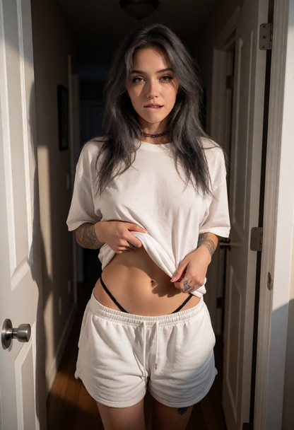 Location: a dimly lit apartment doorway during a warm evening, with soft hallway light spilling into the room and cas…