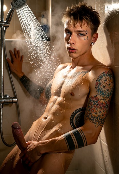 Location: steamy bathroom in the evening, with warm dim light reflecting off wet ceramic tiles and a heavy mist of st…