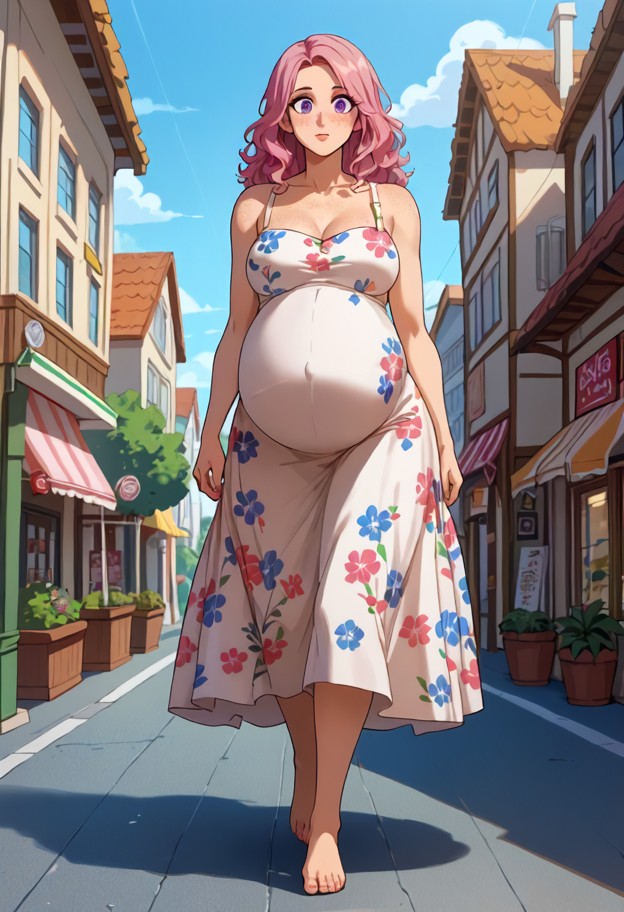 1girl walking on street,light-blue floral sundress,pregnant belly,cheerful expression,bustling town,shops,sunny day,solo