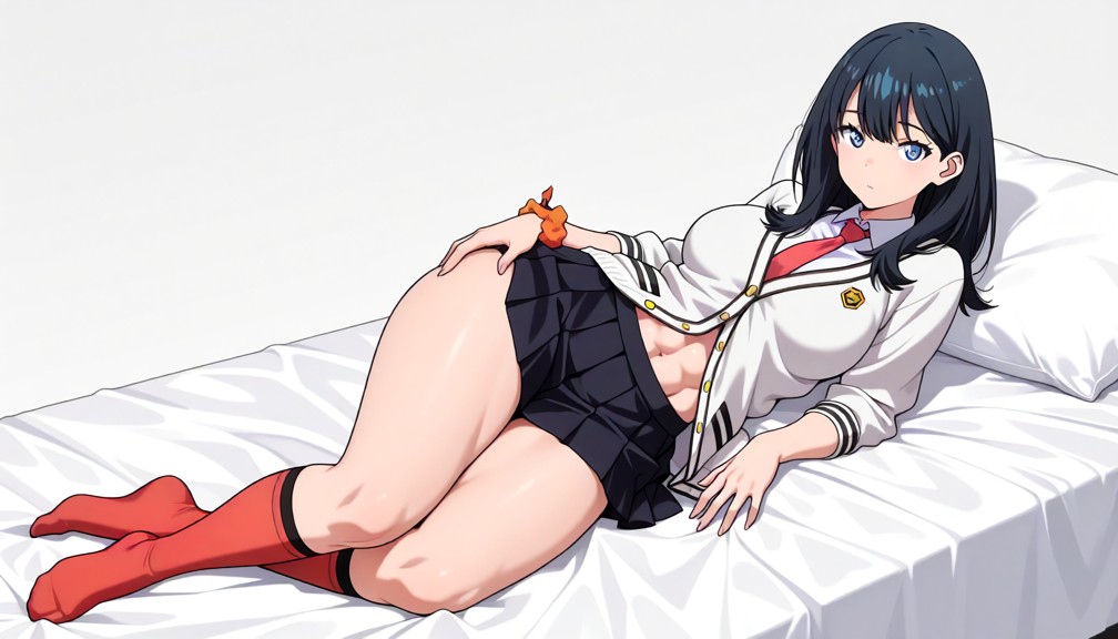 1girl,laying on bed,dakimakura,left laying on back right laying on front,blush lines,top view,fullbody,white backgrou…