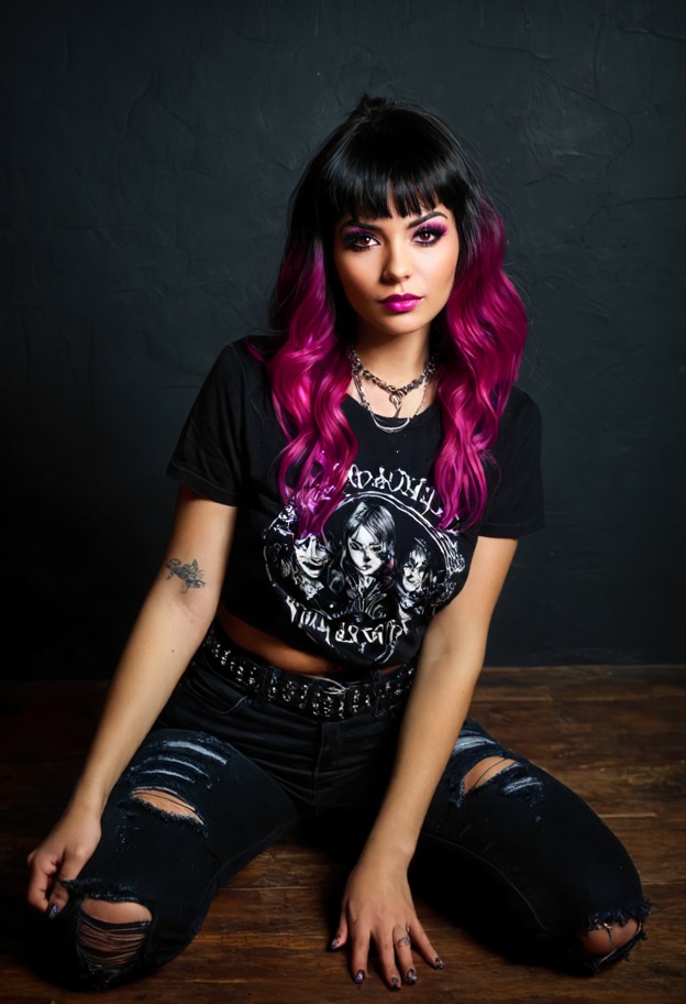 a portrait of a stunning gothic young woman with long,wavy black hair and blunt bangs,intense gaze,highly detailed fa…
