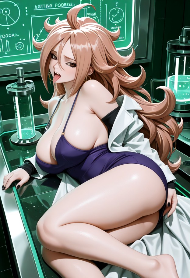1girl lying on stainless steel table,woman in dark purple dress,white lab coat,white tiled floor,pale green walls,glo…