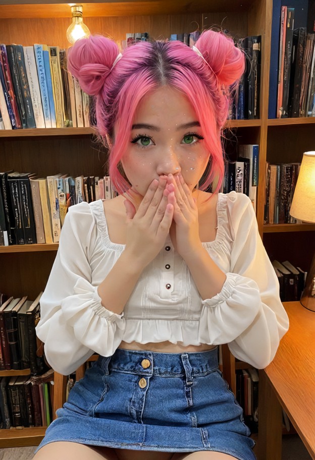 she is sitting on chair leaning close and covering her mouth with hands,white cotton blouse,blue denim skirt,library …
