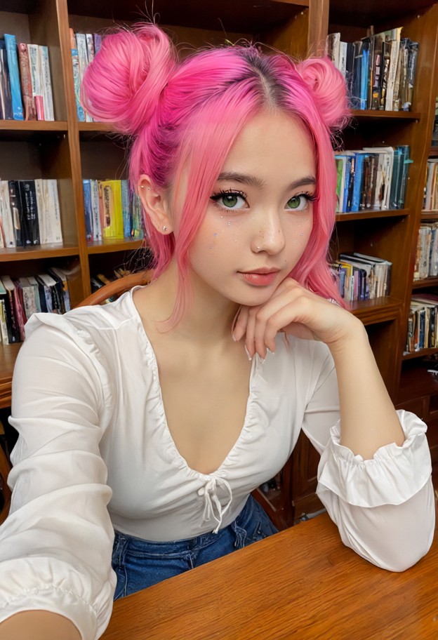 she is sitting at wooden table,tracing finger on arm,white cotton blouse,blue denim skirt,library corner,wooden books…
