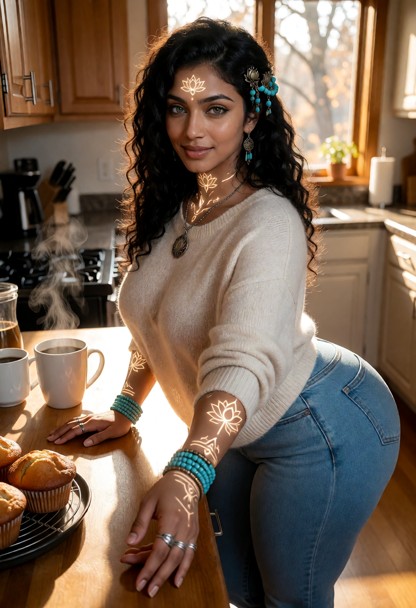 Location: a cozy sunlit kitchen in the morning, with golden light streaming through a window and illuminating the ste…