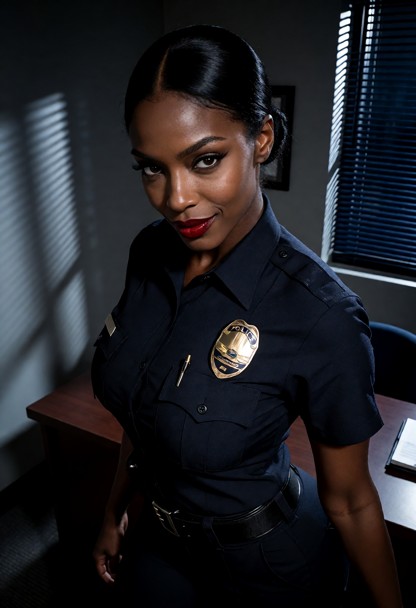 Location: a cramped and dimly lit police office with a wooden desk and thin blinds that allow slivers of moonlight to…