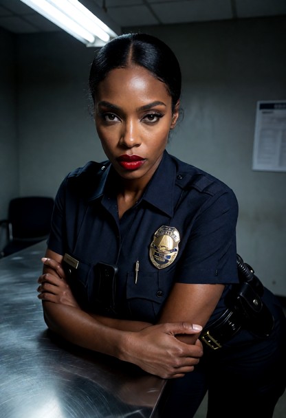 Location: a dim police interrogation room with a heavy metal table, a single overhead fluorescent light casting harsh…