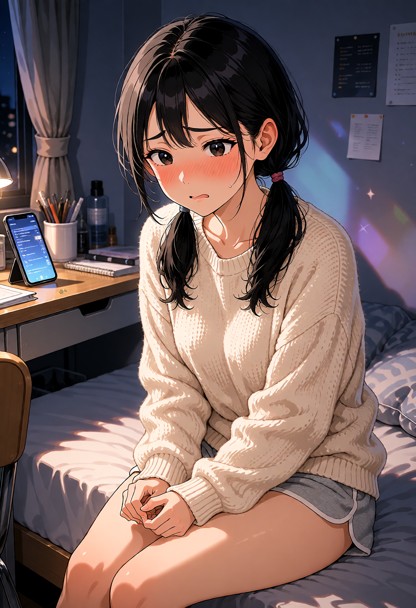 Location: a cozy, dimly lit dorm room during the evening, with the soft glow of a smartphone screen casting a flicker…