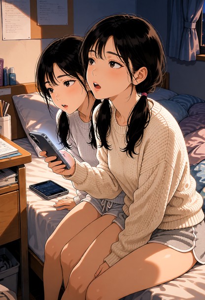Location: a cozy, dimly lit dorm room during the evening, where the soft glow of a smartphone screen on the bed illum…