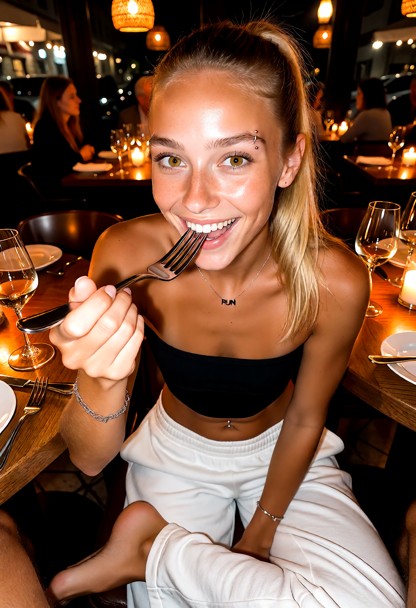 Location: a bustling Italian restaurant at night with warm amber lighting, flickering candlelight on wooden tables, a…