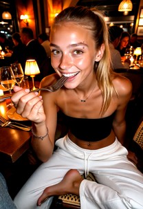 The girl slowly winks with her right eye. She places her left hand on her leg.