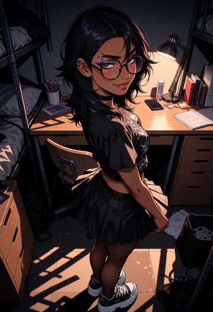 Location: cramped dorm room filled with dim evening light, shadows stretching across the shared desk and cluttered su…