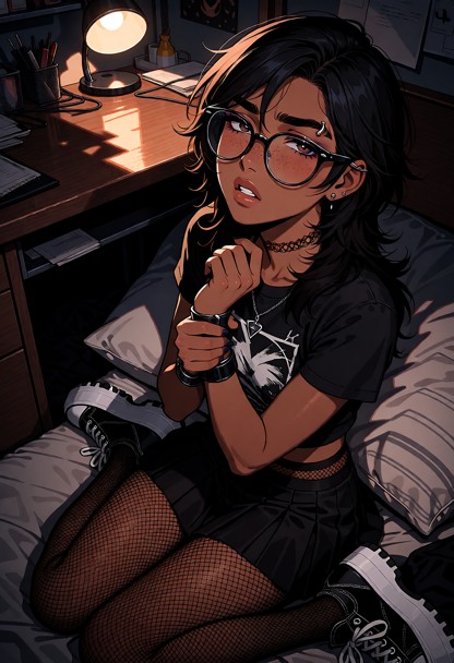 Location: cramped dorm room filled with dim evening light, shadows stretching across the shared desk and cluttered su…
