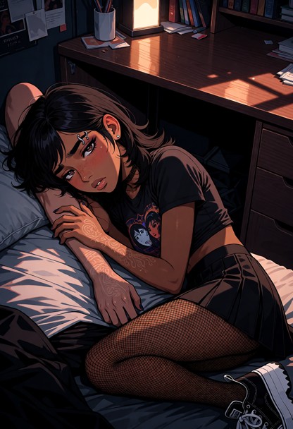 Location: cramped dorm room filled with dim evening light, shadows stretching across the shared desk and cluttered su…