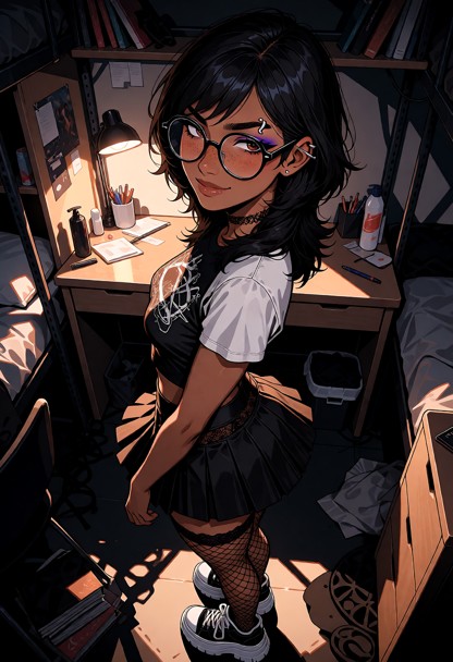 Location: cramped dorm room filled with dim evening light, shadows stretching across the shared desk and cluttered su…