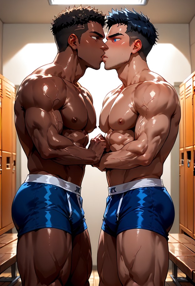 1guy,pov,kissing,mouth to mouth,hand on jaw,hand in hair,intense,black boxers,locker room,wooden benches,metal locker…