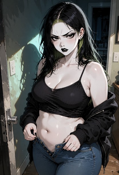 Location: dimly lit apartment doorway at night, with harsh shadows stretching across the floor and a faint, cool glow…