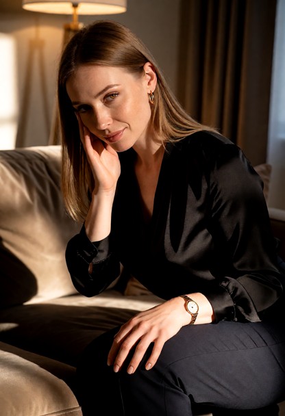 Location: evening in a dimly lit living room with soft, warm light from a nearby floor lamp casting long shadows acro…
