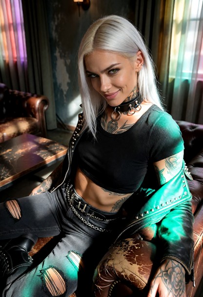 Location: dim backstage lounge with a battered leather couch, a low coffee table, and muted, colorful light filtering…