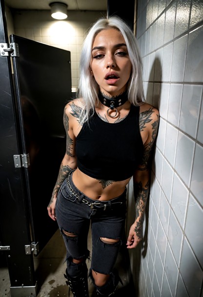 Location: dim restroom with cold white tiles, a flickering overhead light casting uneven shadows, and a heavy metal s…