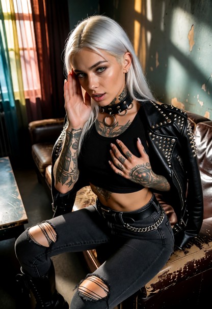 Location: dim backstage lounge with a battered leather couch, a low coffee table, and muted, colorful light filtering…