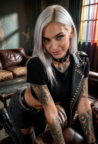 Location: dim backstage lounge with a battered leather couch, a low coffee table, and muted, colorful light filtering…