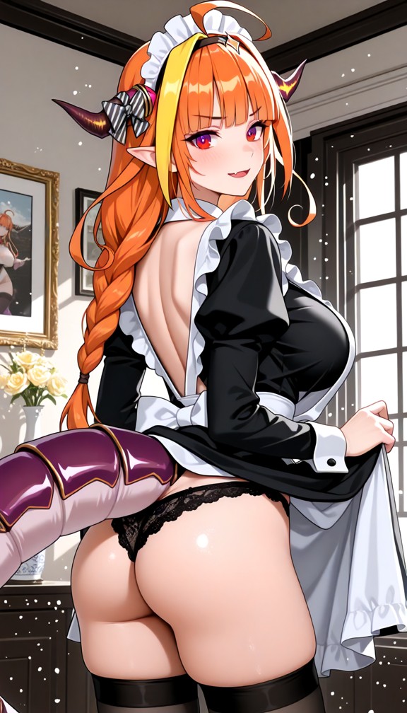 1girl,underwear,panties,ass,breasts,maid,thighhighs,black_panties,solo,maid_headdress,enmaided,indoors,clothes_lift,p…