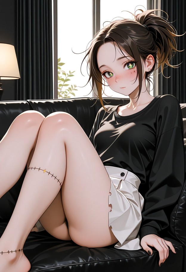 a zombie she is with messy black hair sitting on a couch, she is, solo, white skirt, torn clothes, long sleeves, stit…
