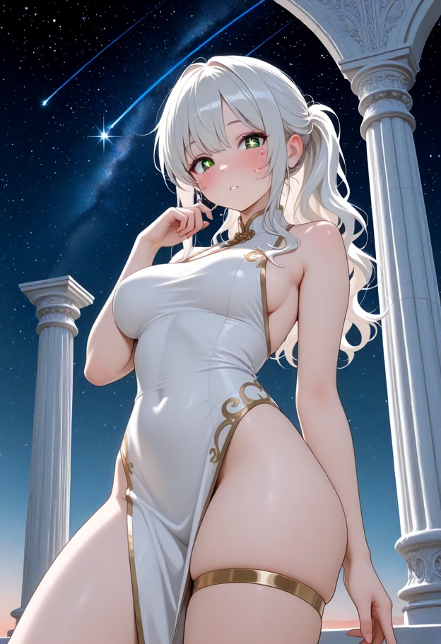 she is solo,looking at viewer,white hair,blue eyes,wavy hair,parted lips,blush,sleeveless white dress,gold trim,taut …